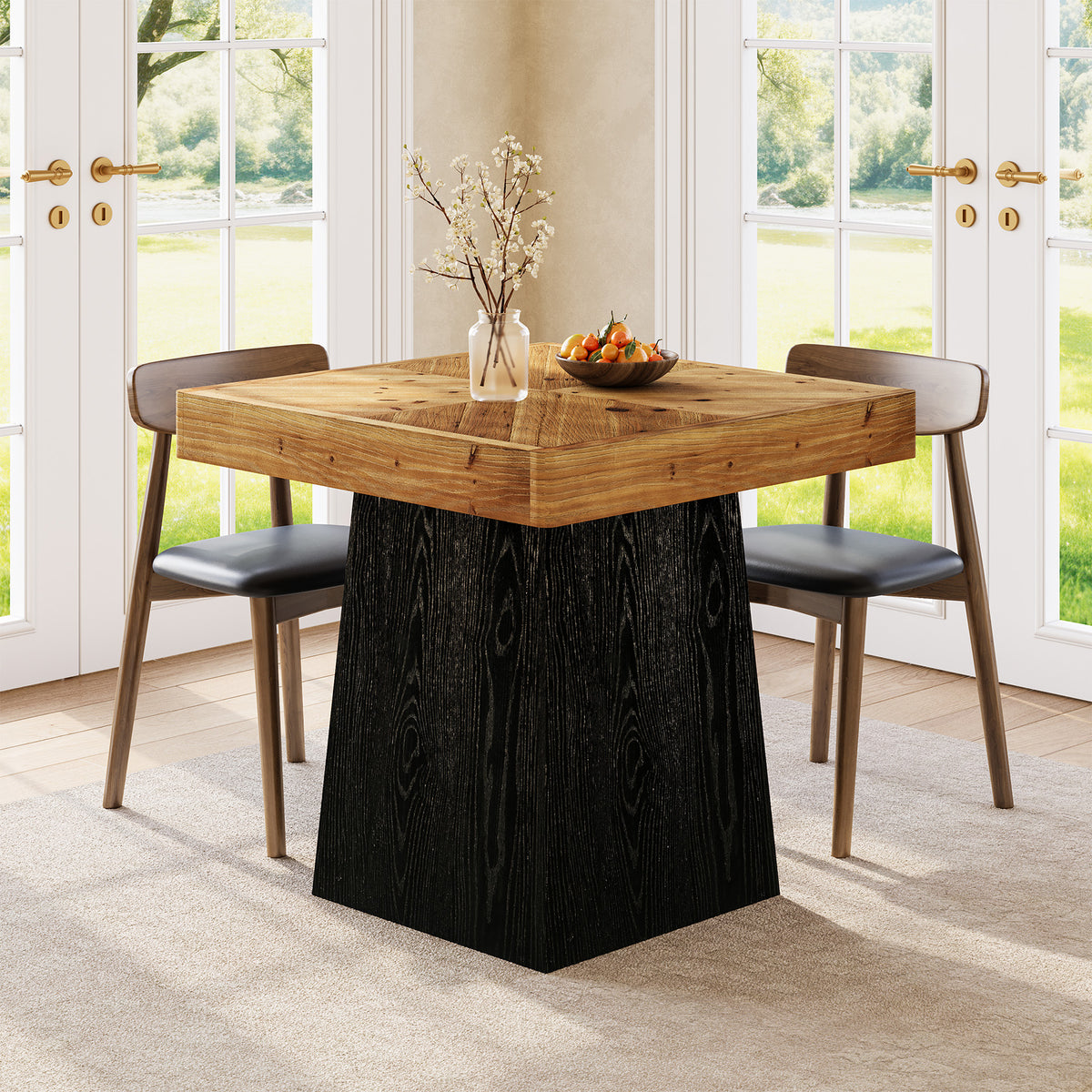 80cm Square Dining Table, Industrial Solid Wood Kitchen Table with Parquet Top & Tapered Base