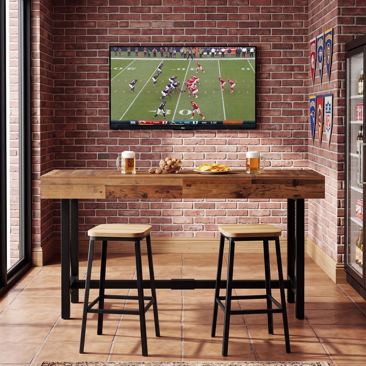 180cm Bar Table, Industrial Rectangular Pub Table with Metal Footrest