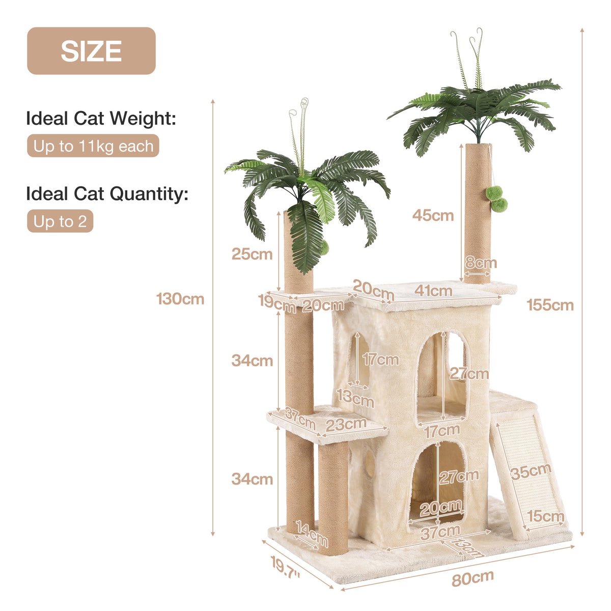 150cm Cat Tree, 2 Plush Condos & Sisal Posts for Multiple Cats