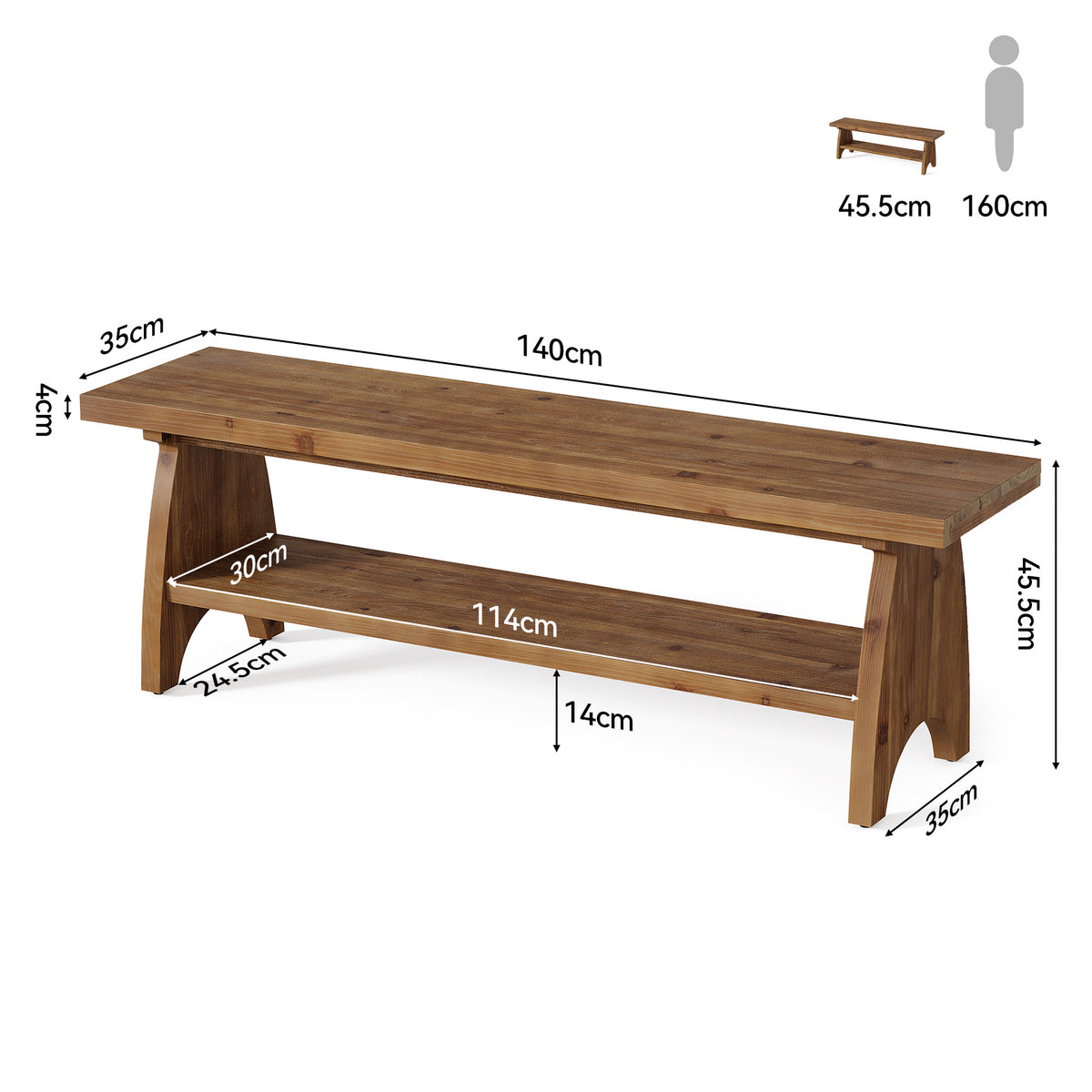 140cm Entryway Bench, Farmhouse Solid Wood with Shoe Storage & Open Shelf