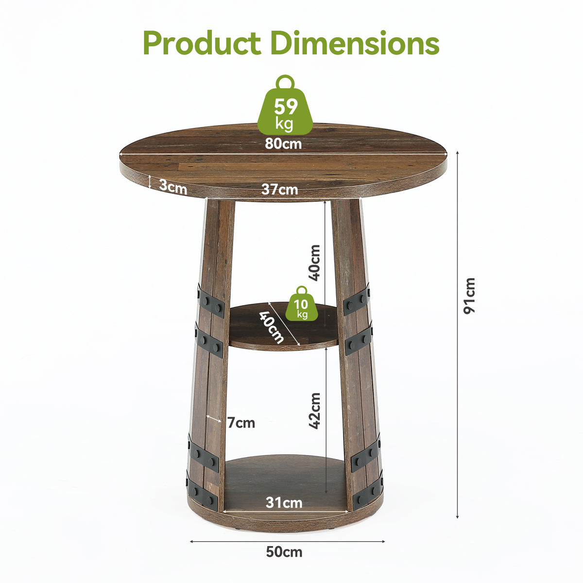 90cm Round Bar Table, 2-Tier Storage Rustic Pub Table for Home Bar Kitchen