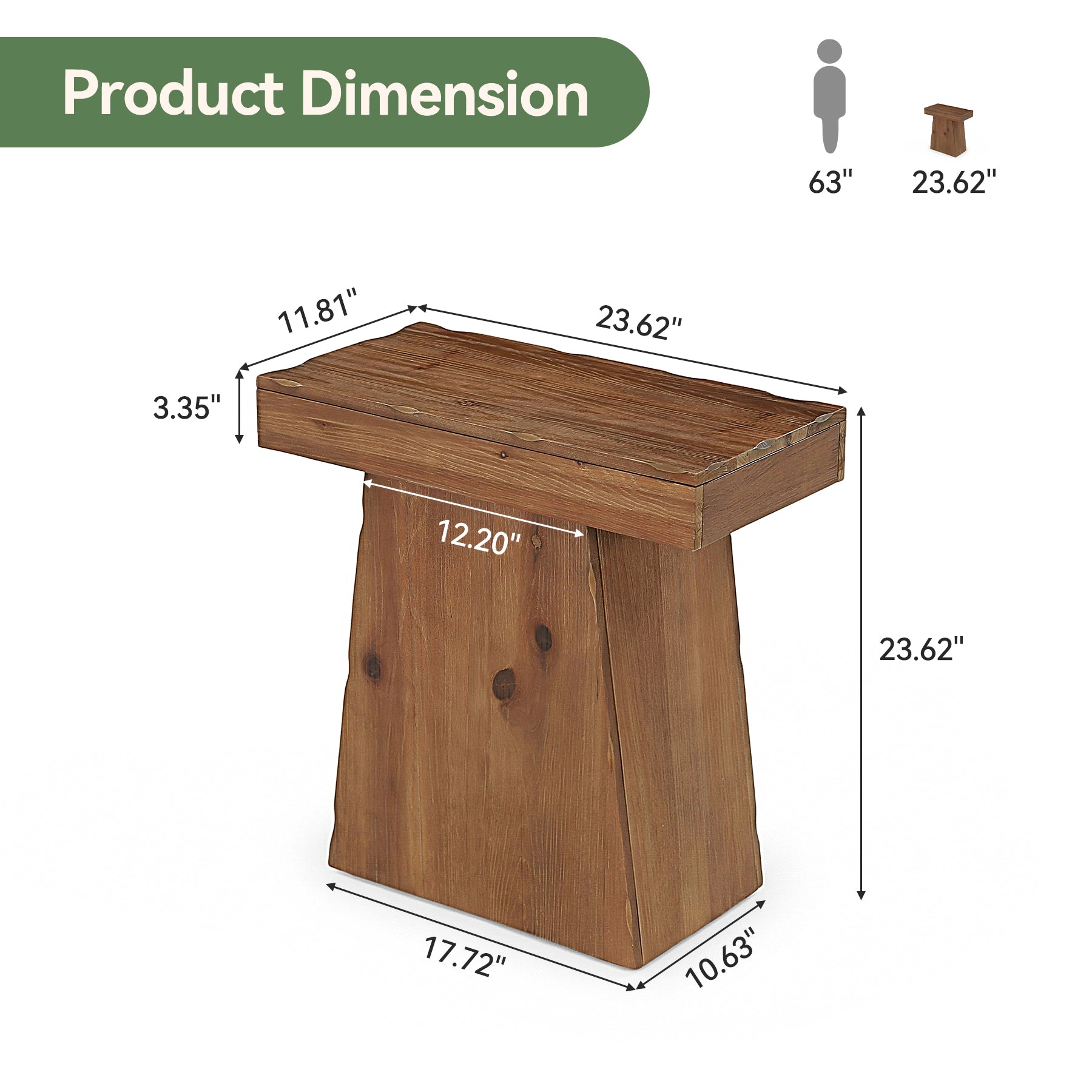 60cm Solid Wood End Table with Trapezoid Base, Small Walnut Side Taable for Living Room