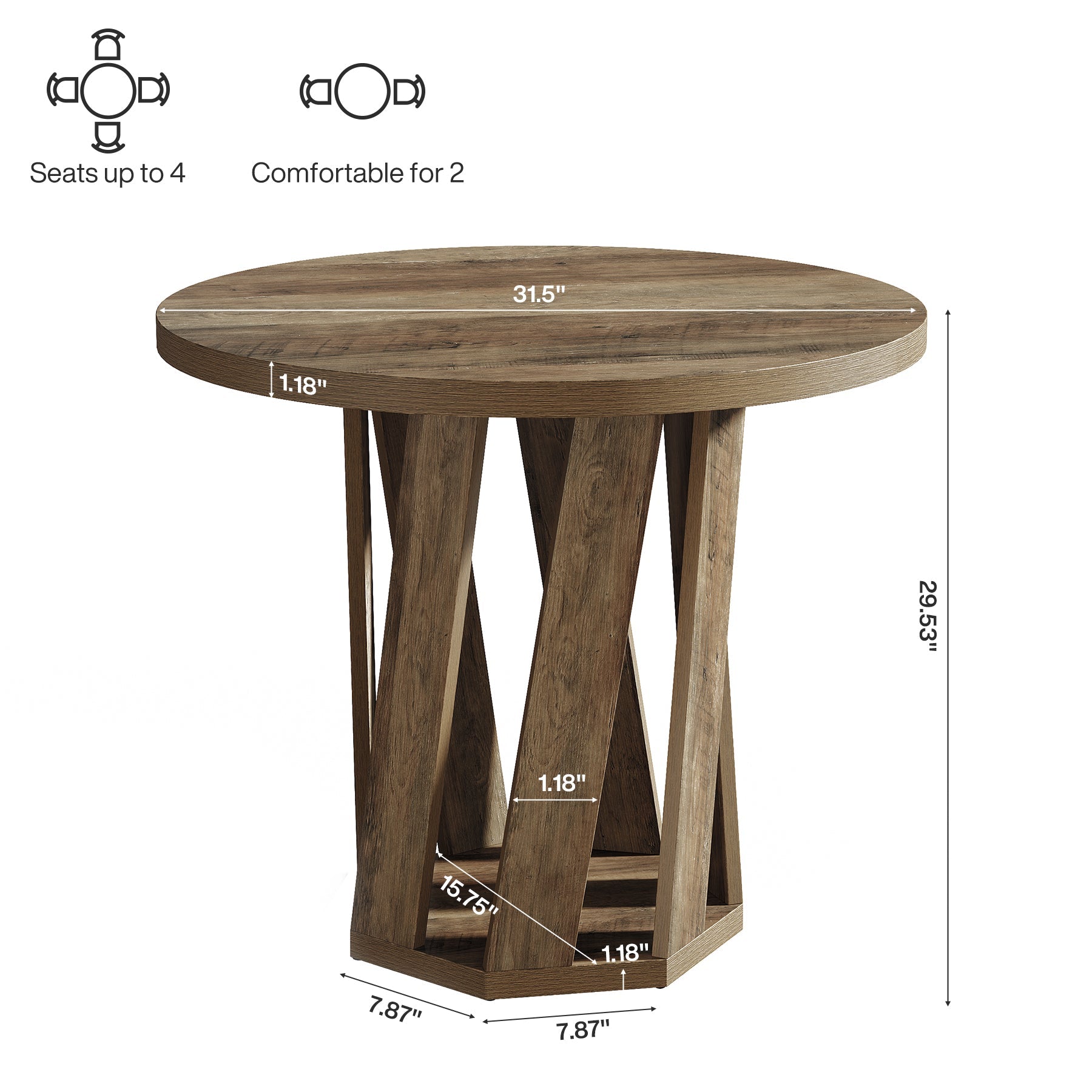 80cm Round Dining Table, Solid Wood Kitchen Table for 2-4 People