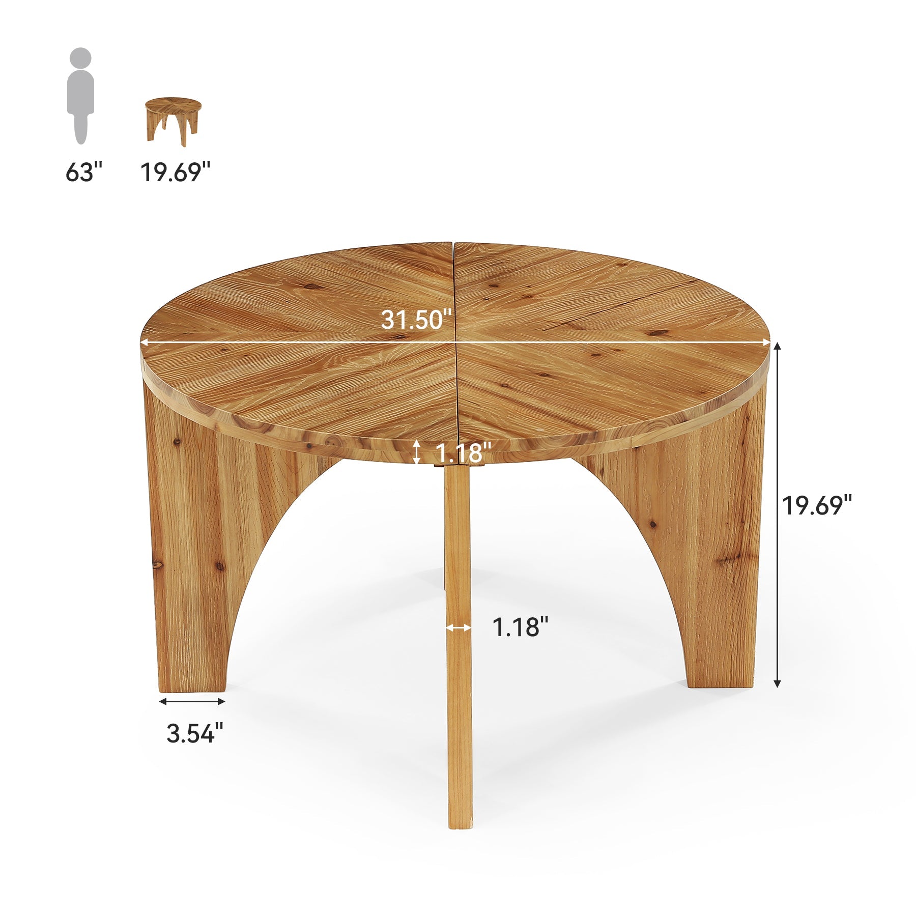 80cm Round Coffee Table, Farmhouse Solid Wood Center Table with Curved Legs
