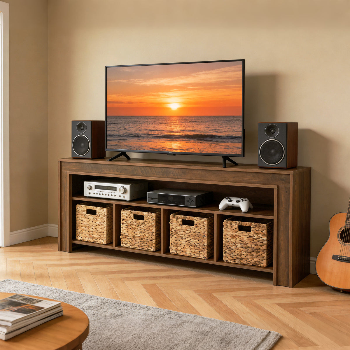 160cm Farmhouse TV Stand, Media Console with Baskets & Open Storage for 55-70" TVs