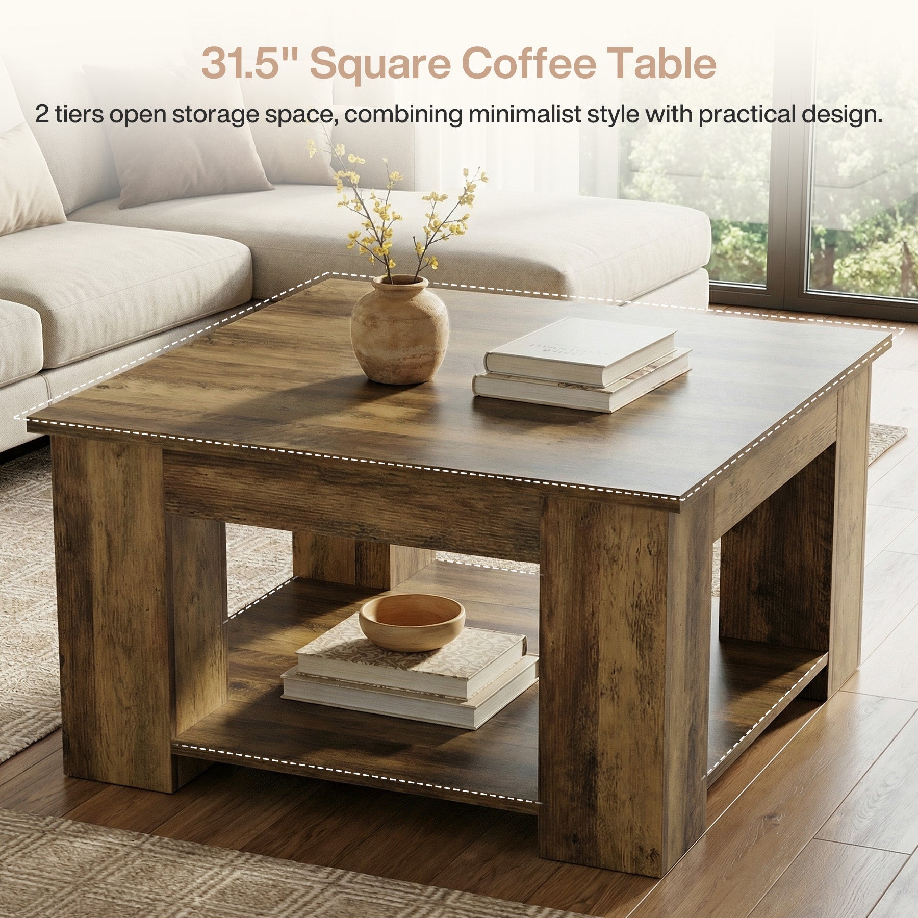 80cm Square Coffee Table, 2-Tier Center Table Cocktail Tea Furniture for Living Room