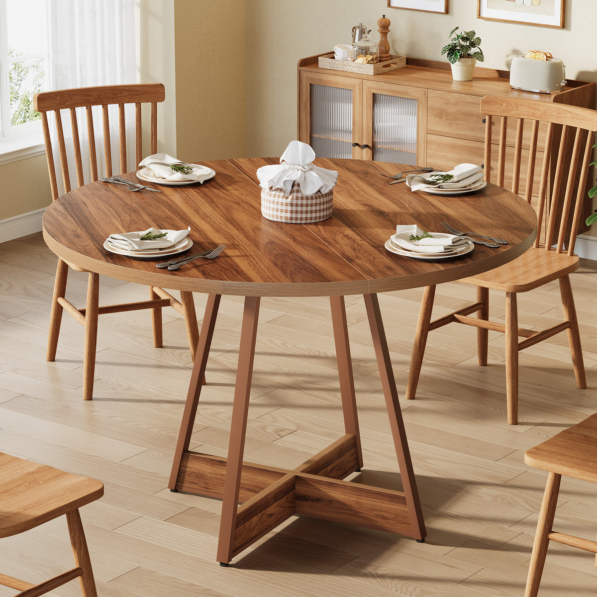 100cm Round Dining Table, Country Style Wooden Table for 2-4 People