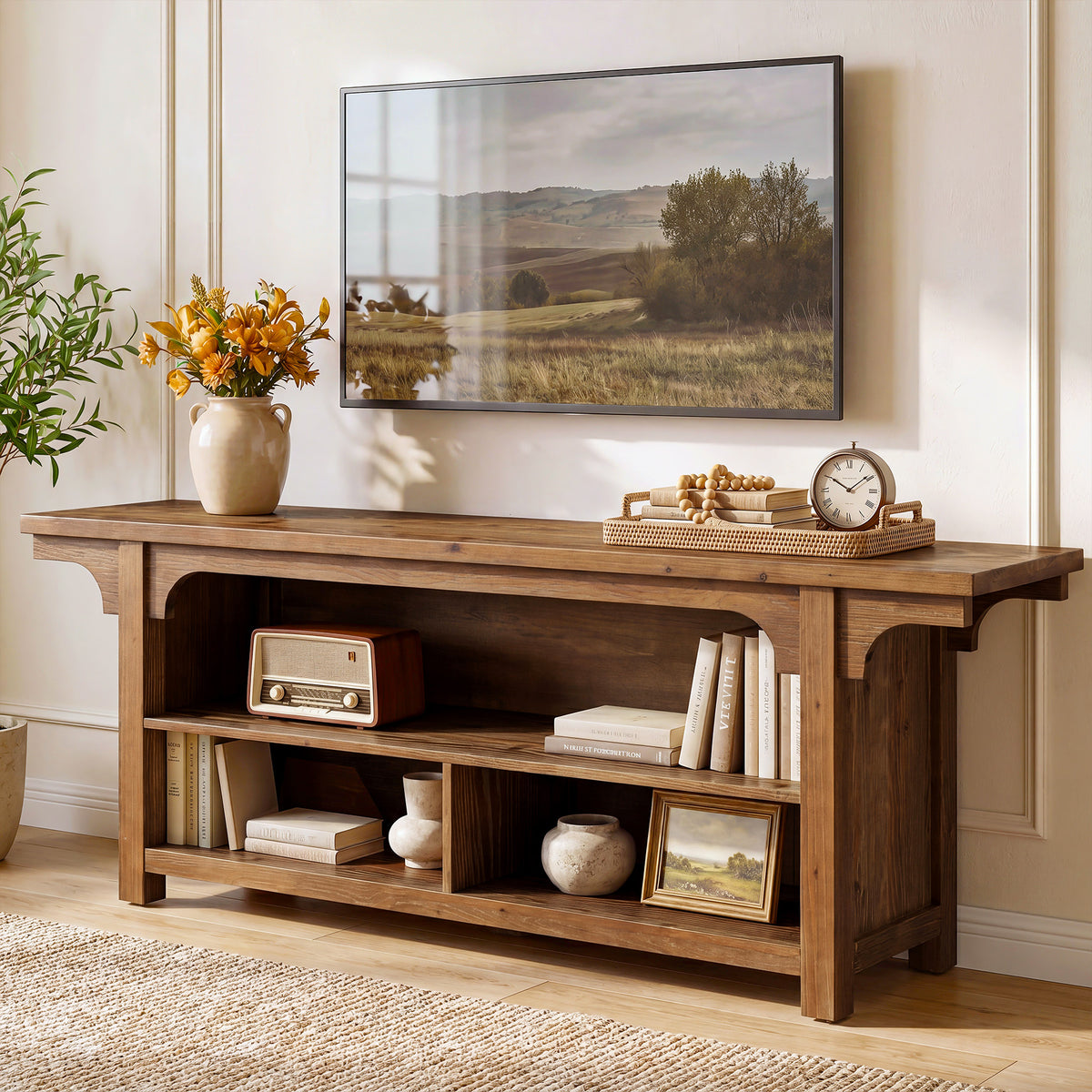 160cm TV Stand, Solid Wood Media Console with 3 Open Shelves for TVs up to 70"