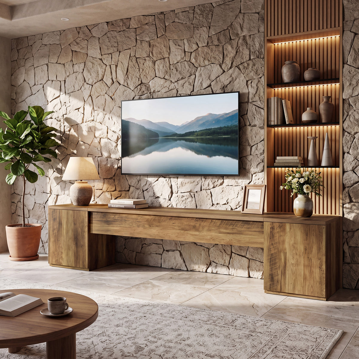 221cm TV Stand, Extra Long Entertainment Centre with 2 Storage Cabinets for up to 95" TVs