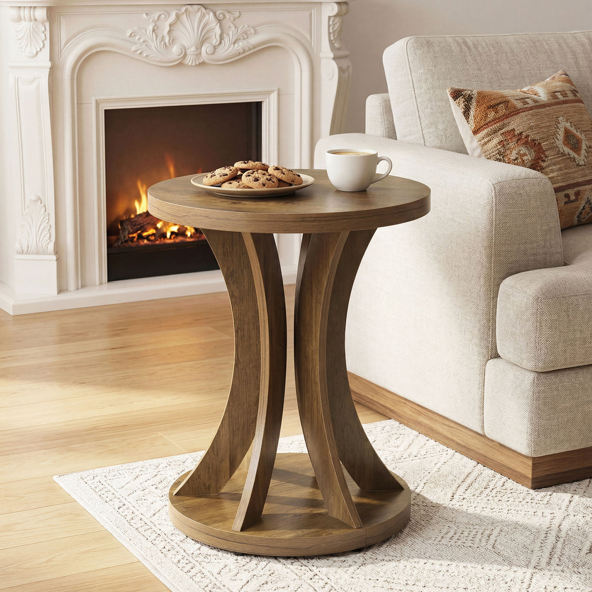 45cm Round Side Table, Farmhouse Curved End Table for Living Room