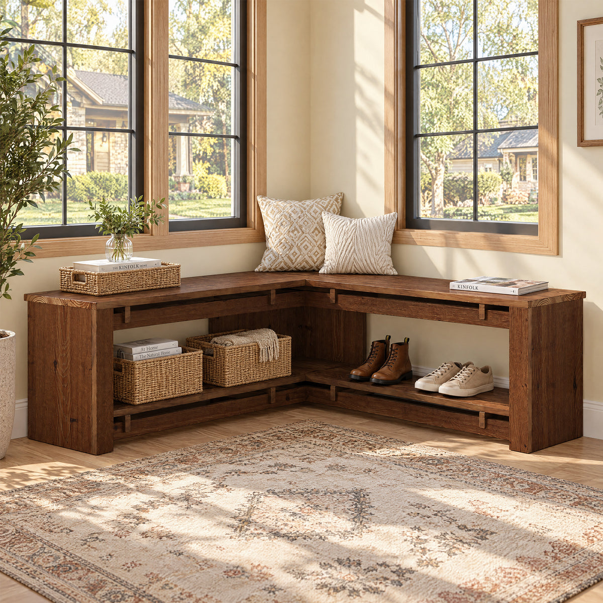 120cm L-Shaped Corner Bench, Rustic Solid Wood Shoe Storage for Entryway