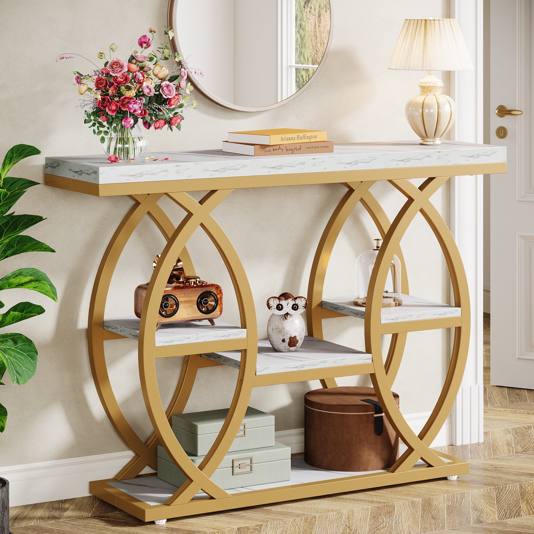 39.4" Console Table, 4-Tier Narrow Sofa Table with Metal Frame & Storage