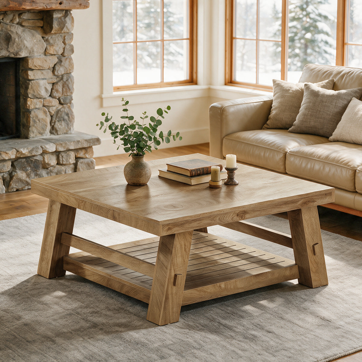 99cm Square Coffee Table, Farmhouse 2-Tier Slatted Storage Shelf