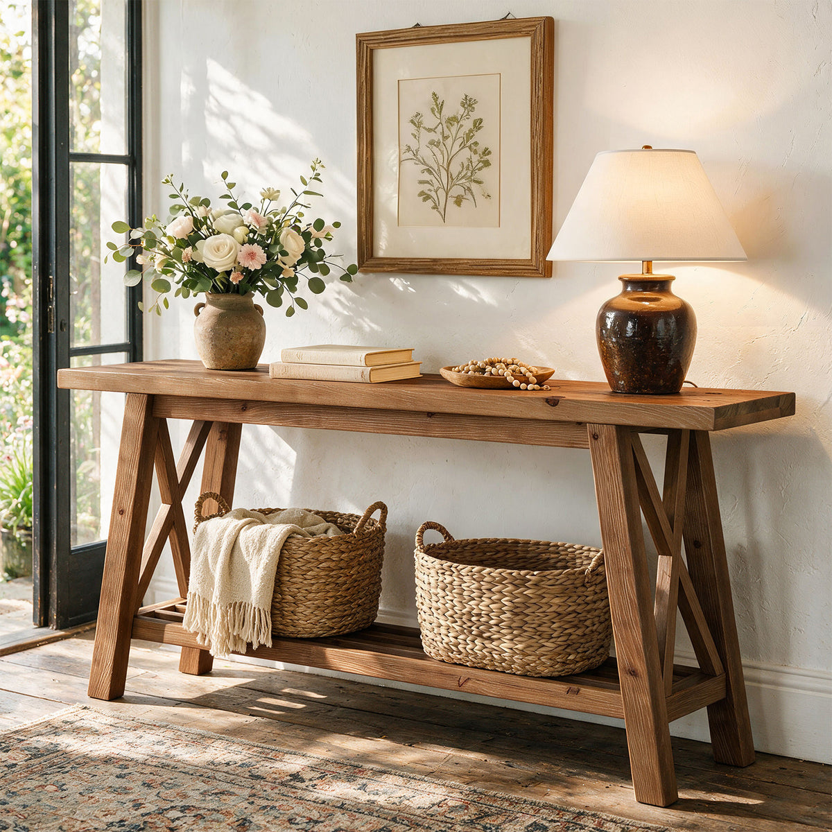 160cm Console Table, Solid Wood X-Brace 2-Tier Entryway Sofa Table with Storage