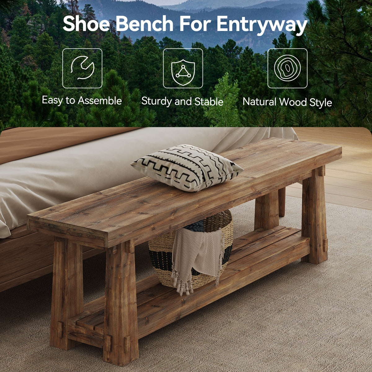 140cm Shoe Bench, Solid Wood Entryway Bench with Storage Rack