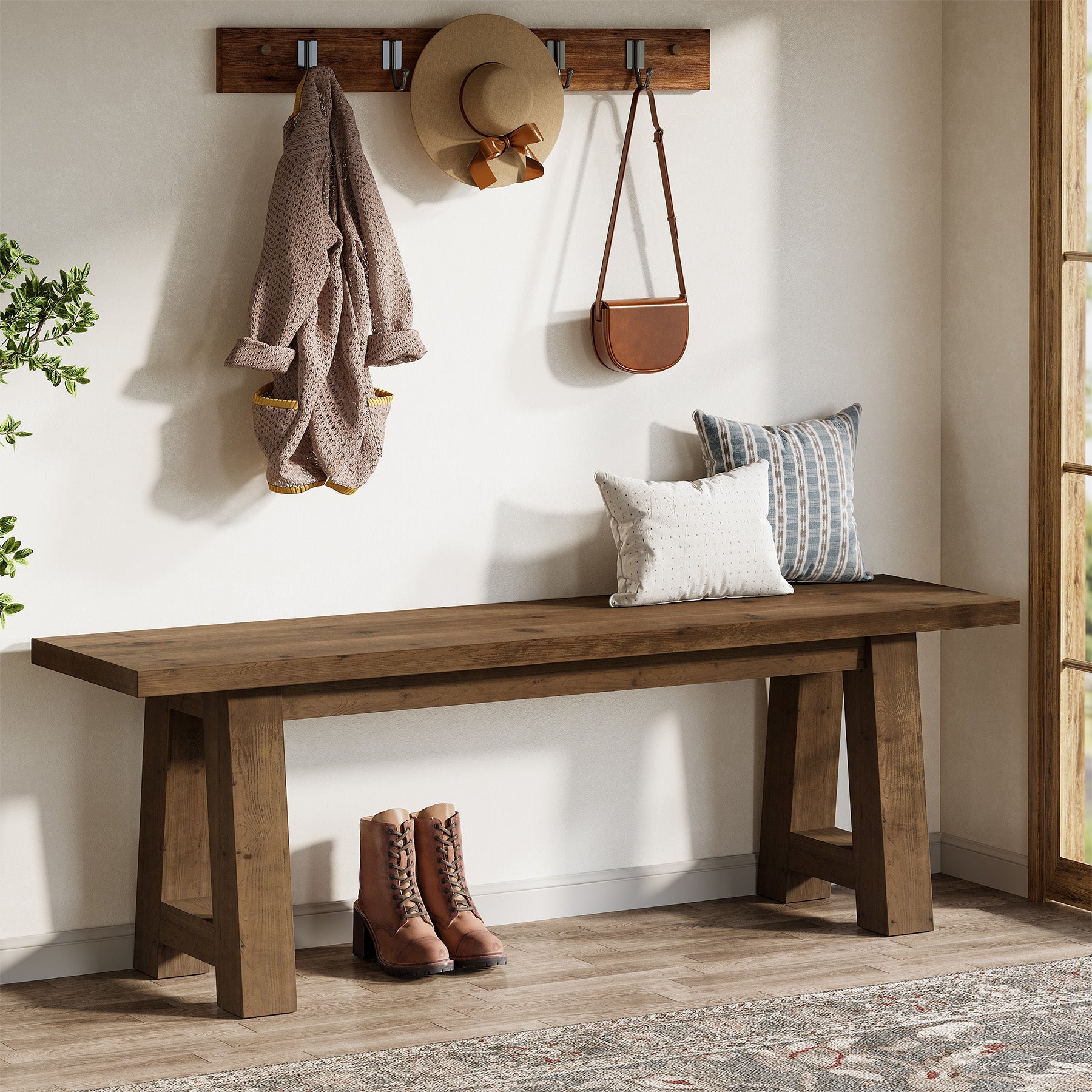 55" Solid Wood Bench, Farmhouse Shoe Entryway Bench for Living Room