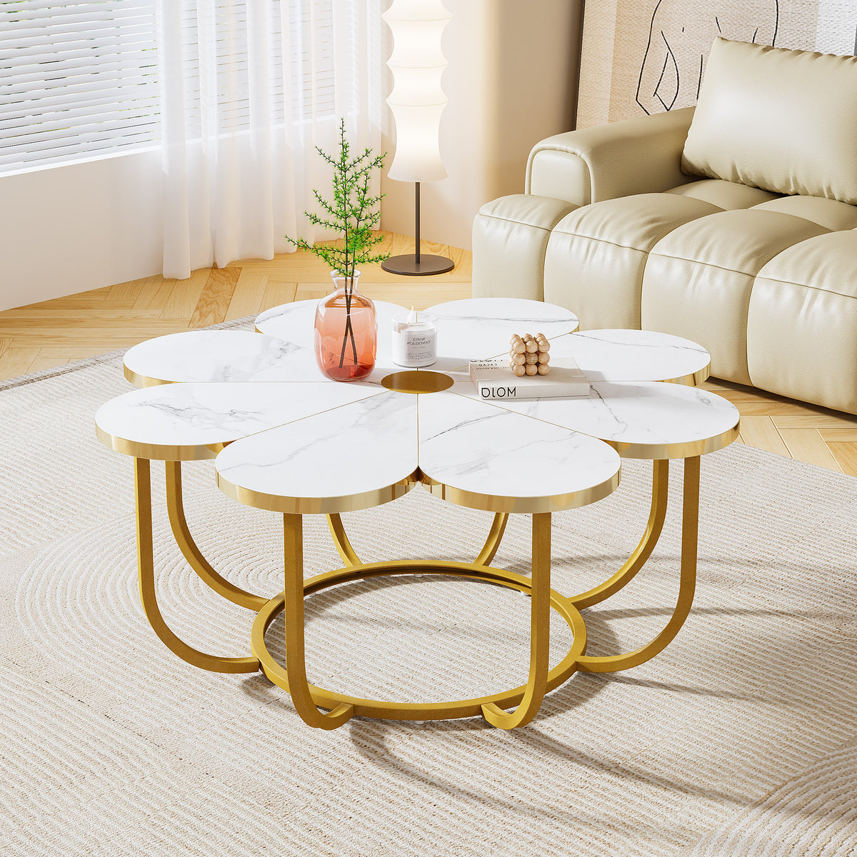 100cm White Coffee Table, with Gold Floral Legs and Faux Marble Top