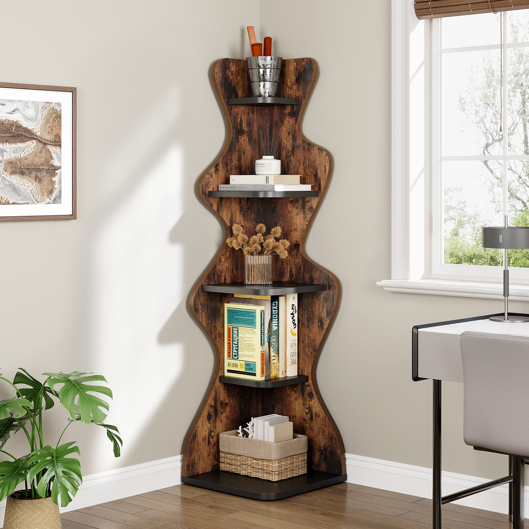 69" Wood Bookshelf, 5-Tier Corner Shelf Storage Plant Stand