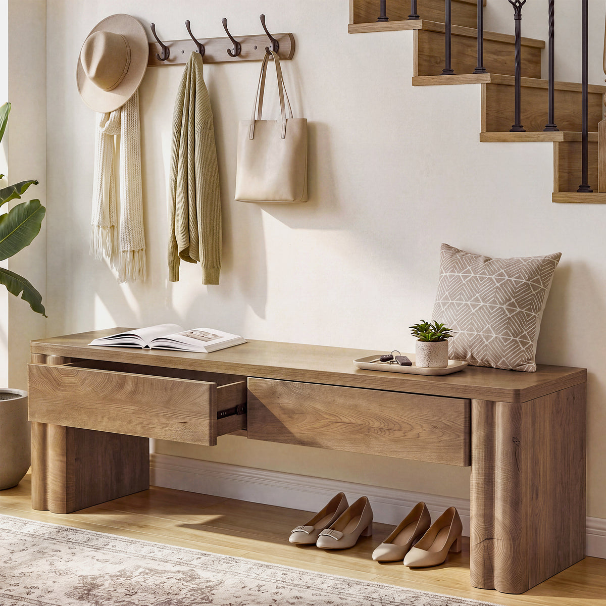140cm Entryway Bench, 2-Drawer Modern End of Bed Bench with Thick Legs