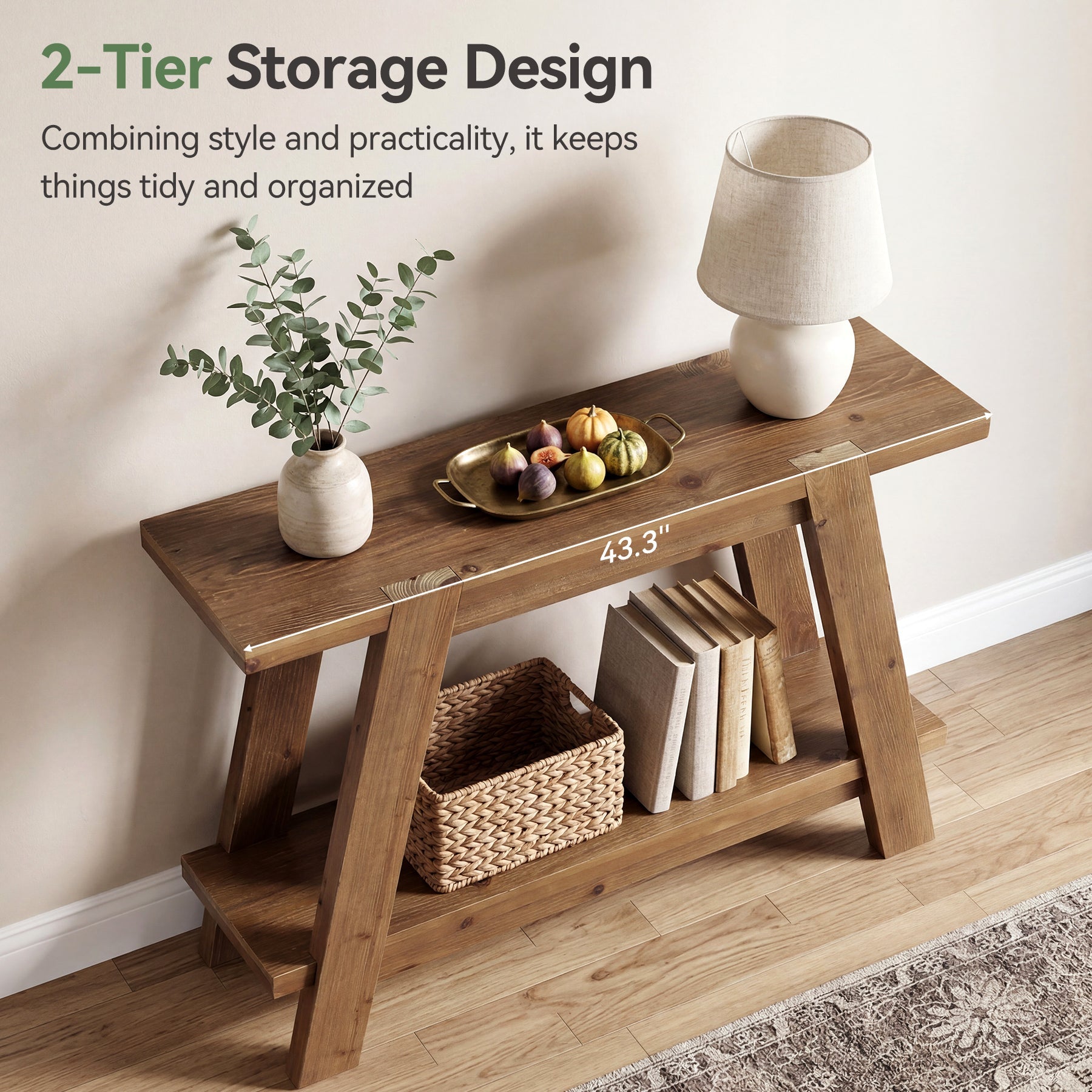 110cm Narrow Console Table, 2-Tier Solid Wood Sofa Entryway Table