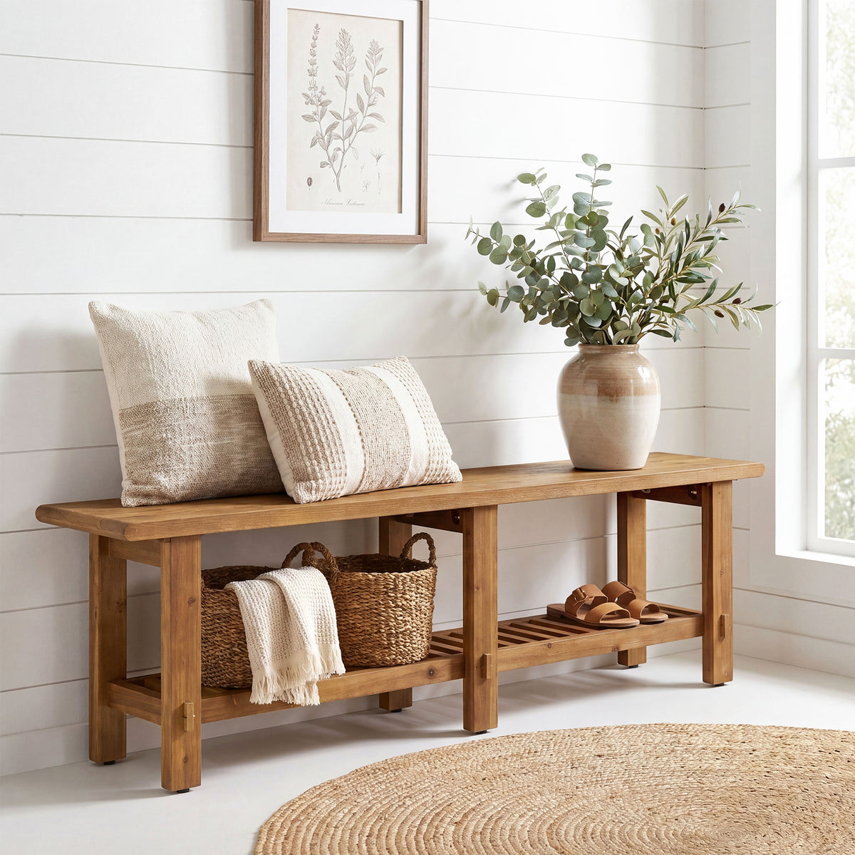 160cm Entryway Bench, Solid Wood Narrow End of Bed Bench with Shoe Storage