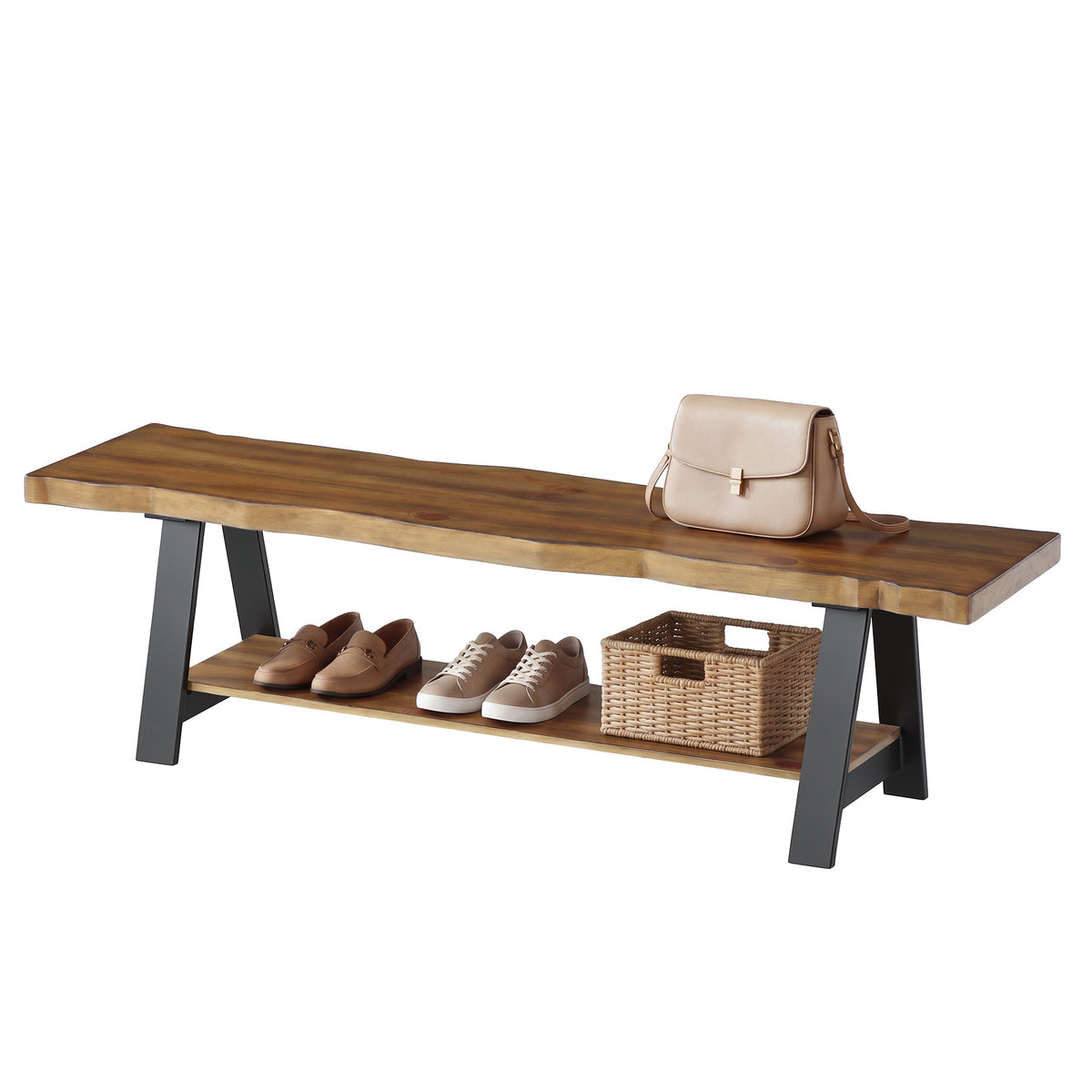 160cm Entryway Bench, Solid Wood Live Edge 2-Tier Shoe Storage Bench for Hallway Mudroom