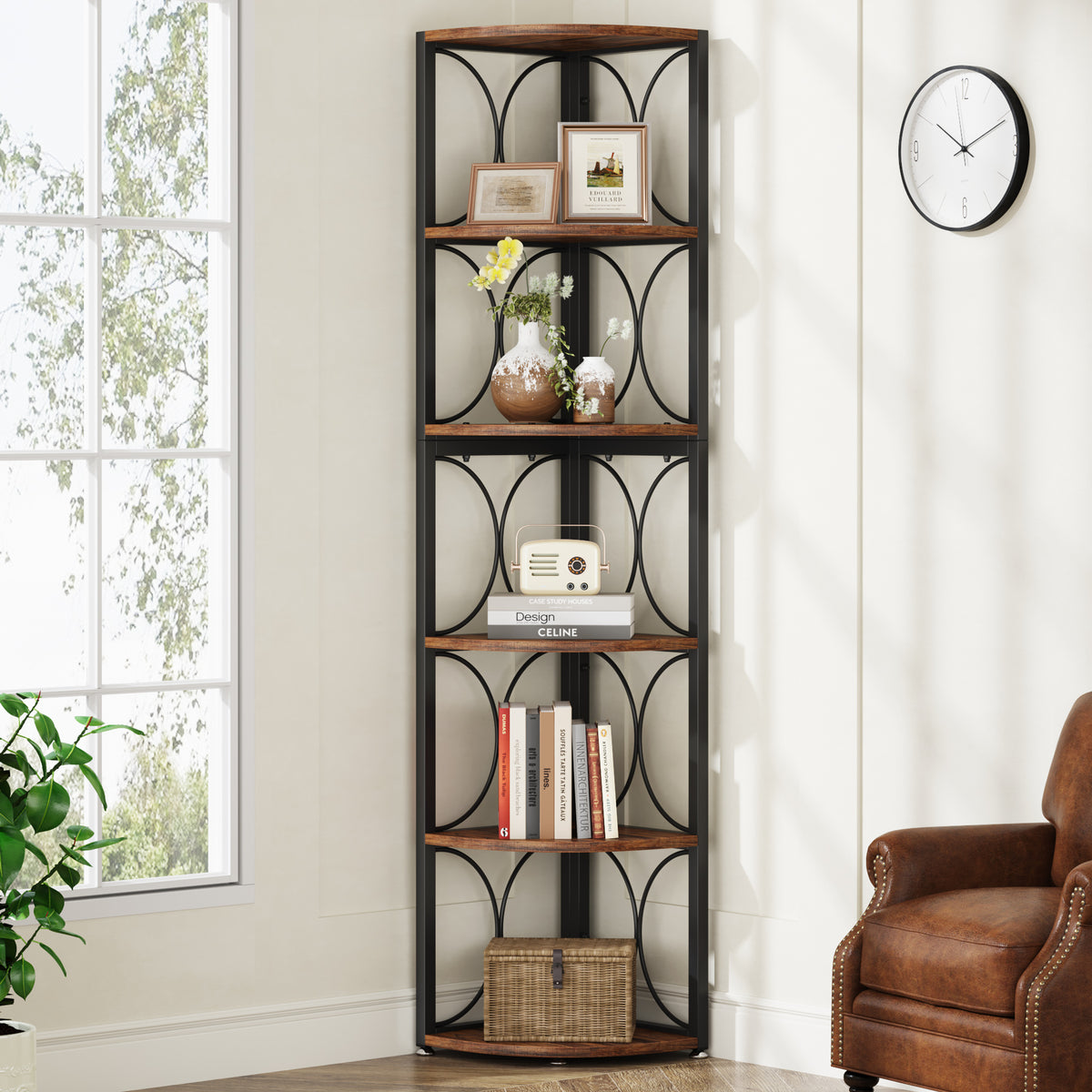 170cm Tall 6-Tier Corner Shelf, Rustic Wood Bookshelf Storage Rack for Living Room Small Space