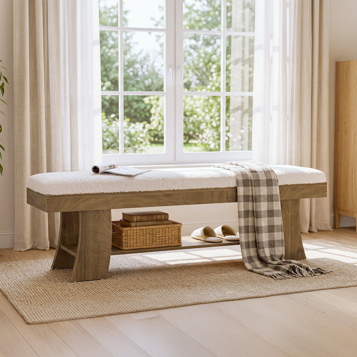 150cm Entryway Bench, Upholstered Shoe Bench with Cushion & Storage Shelf for Hallway