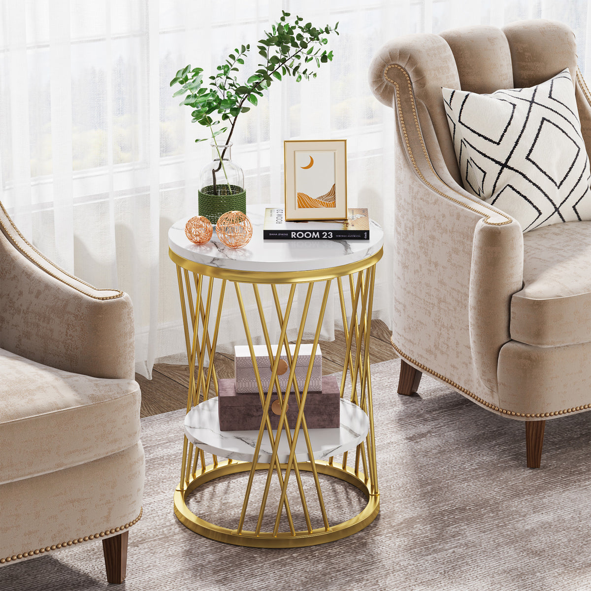 60cm Round End Table, 2-Tier Faux Marble Side Table with Gold Frame