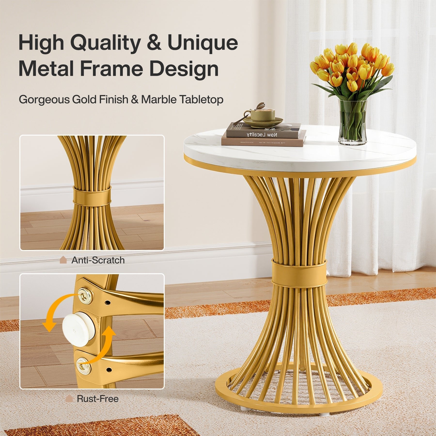 Tribesigns 20-Inch Round End Table, Faux Marble Side Table with Gold Metal Base
