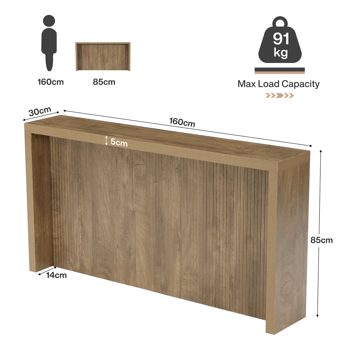 160cm Console Table, Rustic Ribbed Wooden Hallway Table