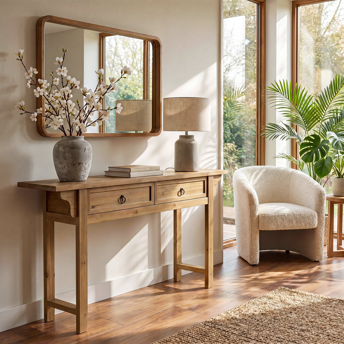 160cm Console Table, Solid Wood Narrow Hallway Table with 2 Drawers & Storage