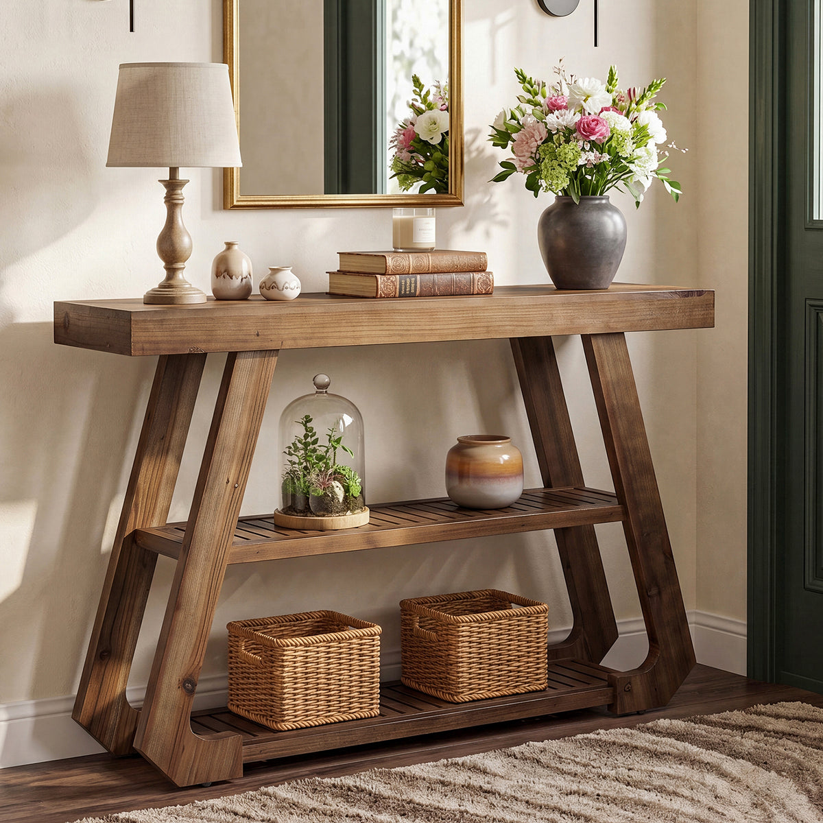 105cm Console Table, Solid Wood 3-Tier Rustic Hallway Table with A-Frame