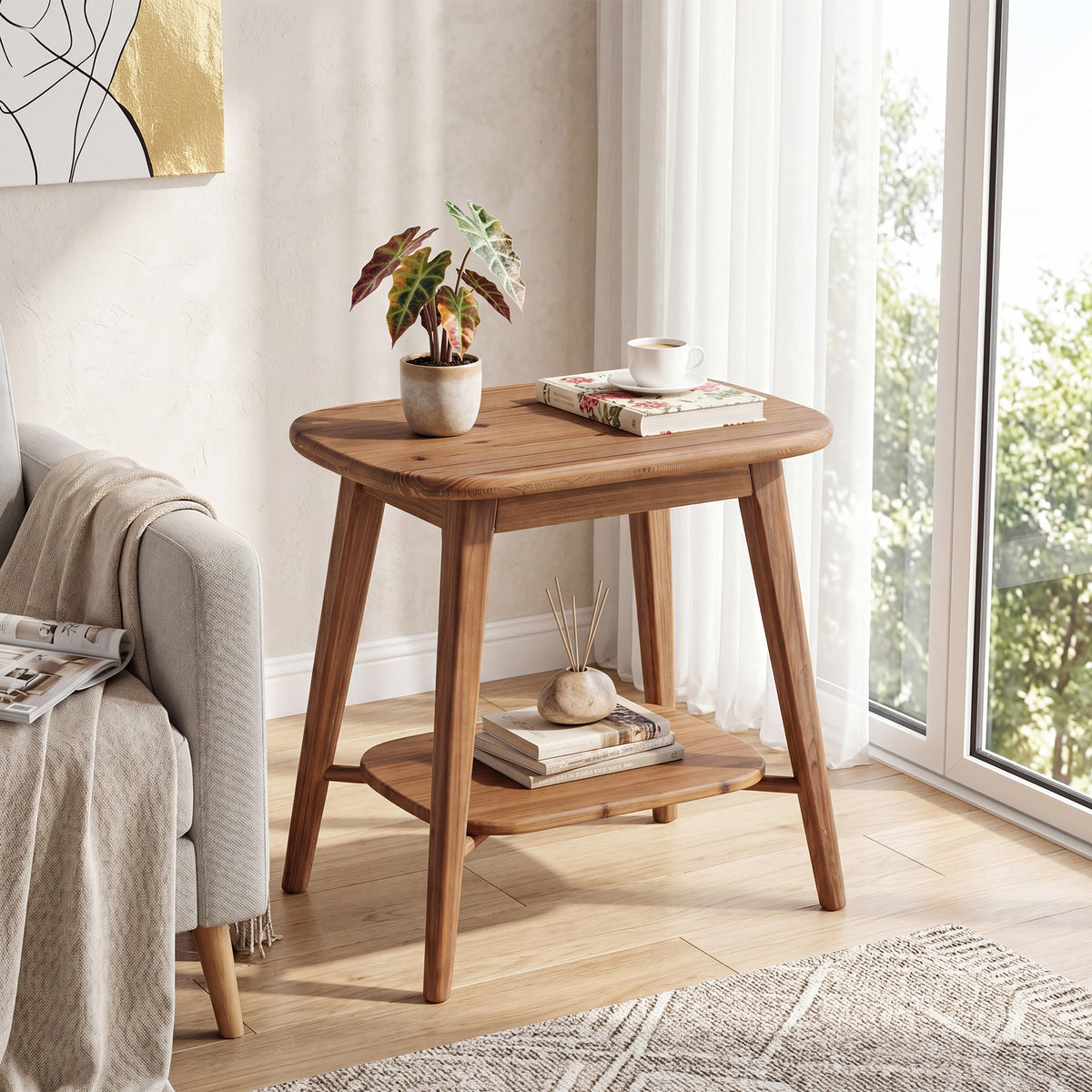 50cm End Table, Farmhouse 2-Tier Solid Wood Side Table with Rounded Corners