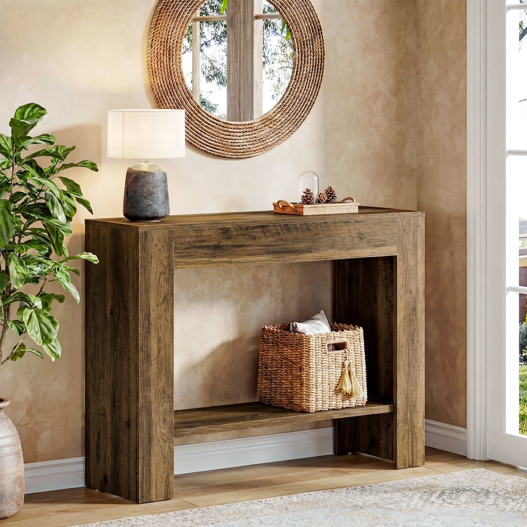 105cm Farmhouse Console Table with 2-Tier Shelf, Narrow Entryway Sofa Table with Storage