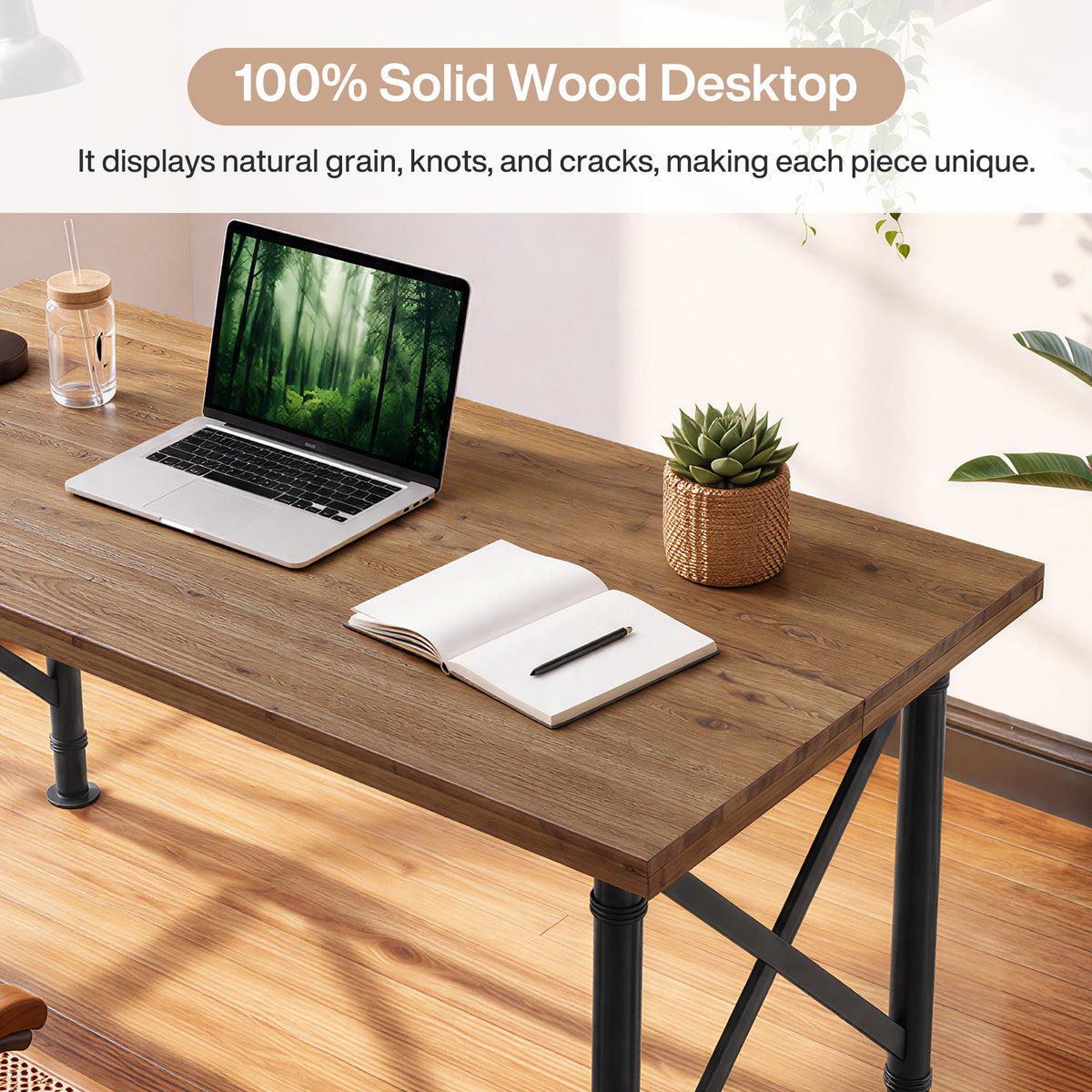 160cm Computer Desk, Solid Wood with X-Frame Metal Base for Home Office