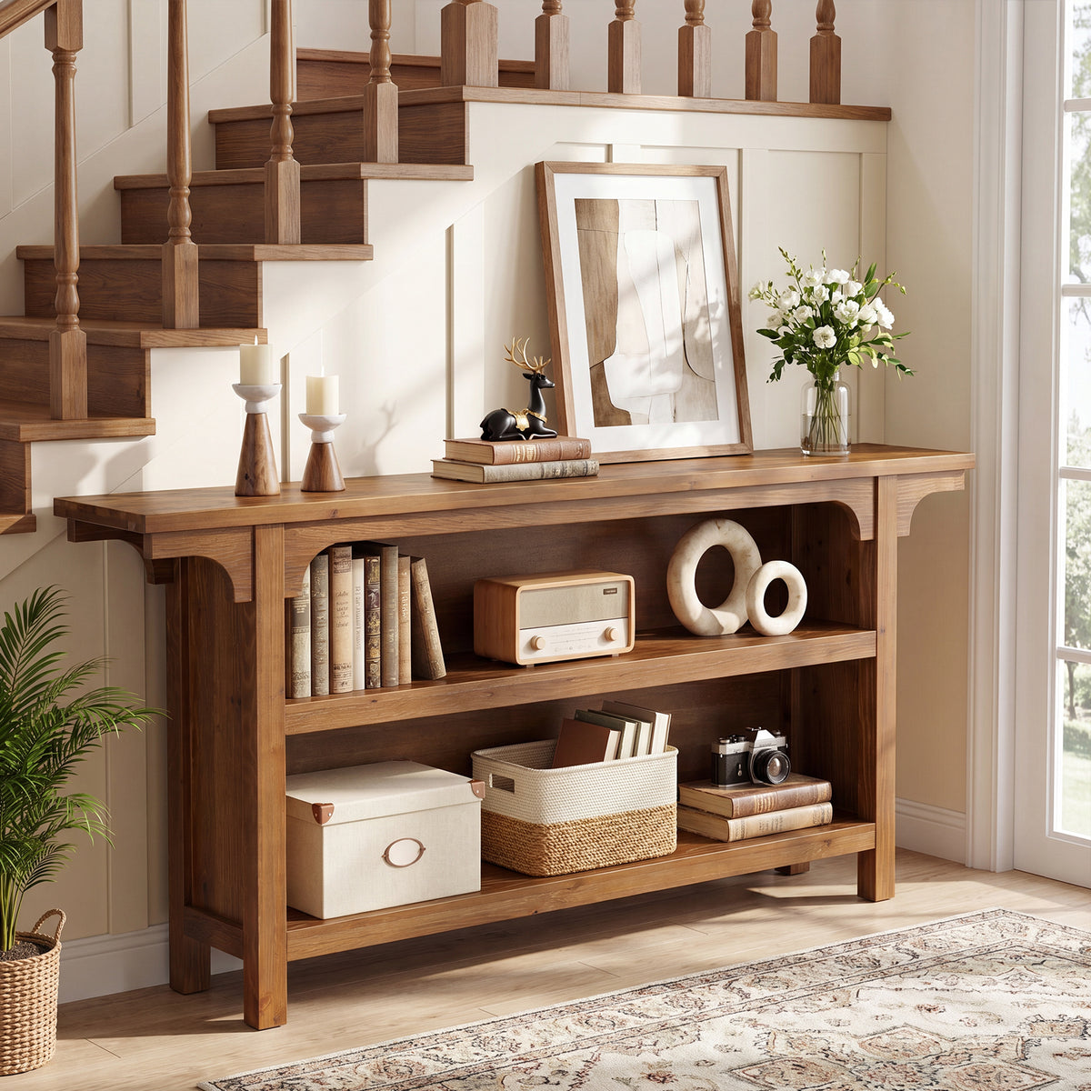 160cm Console Table, 3-Tier Narrow Hallway Table with Storage