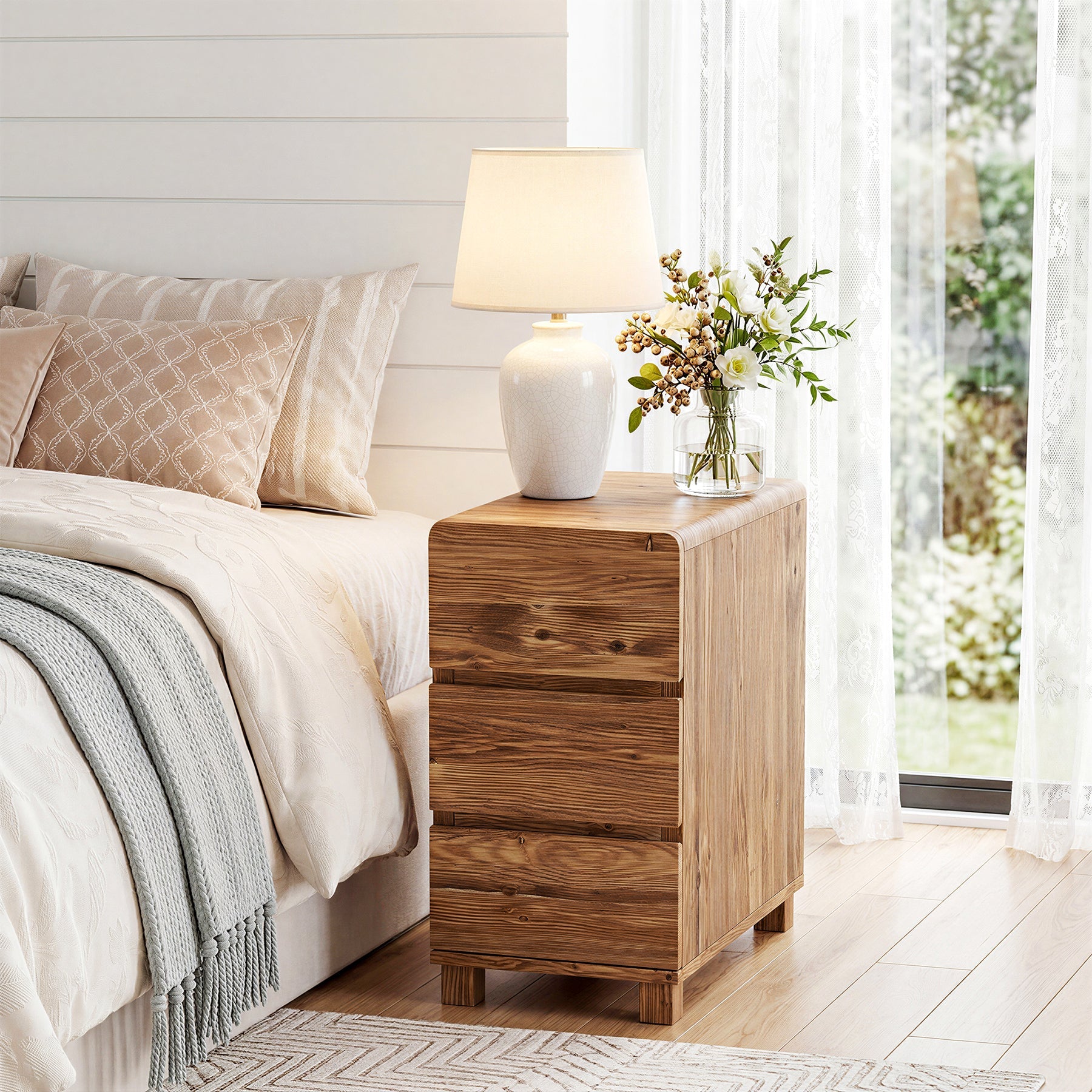 60cm 3-Drawer Nightstand, Solid Wood Bedside Table for Bedroom