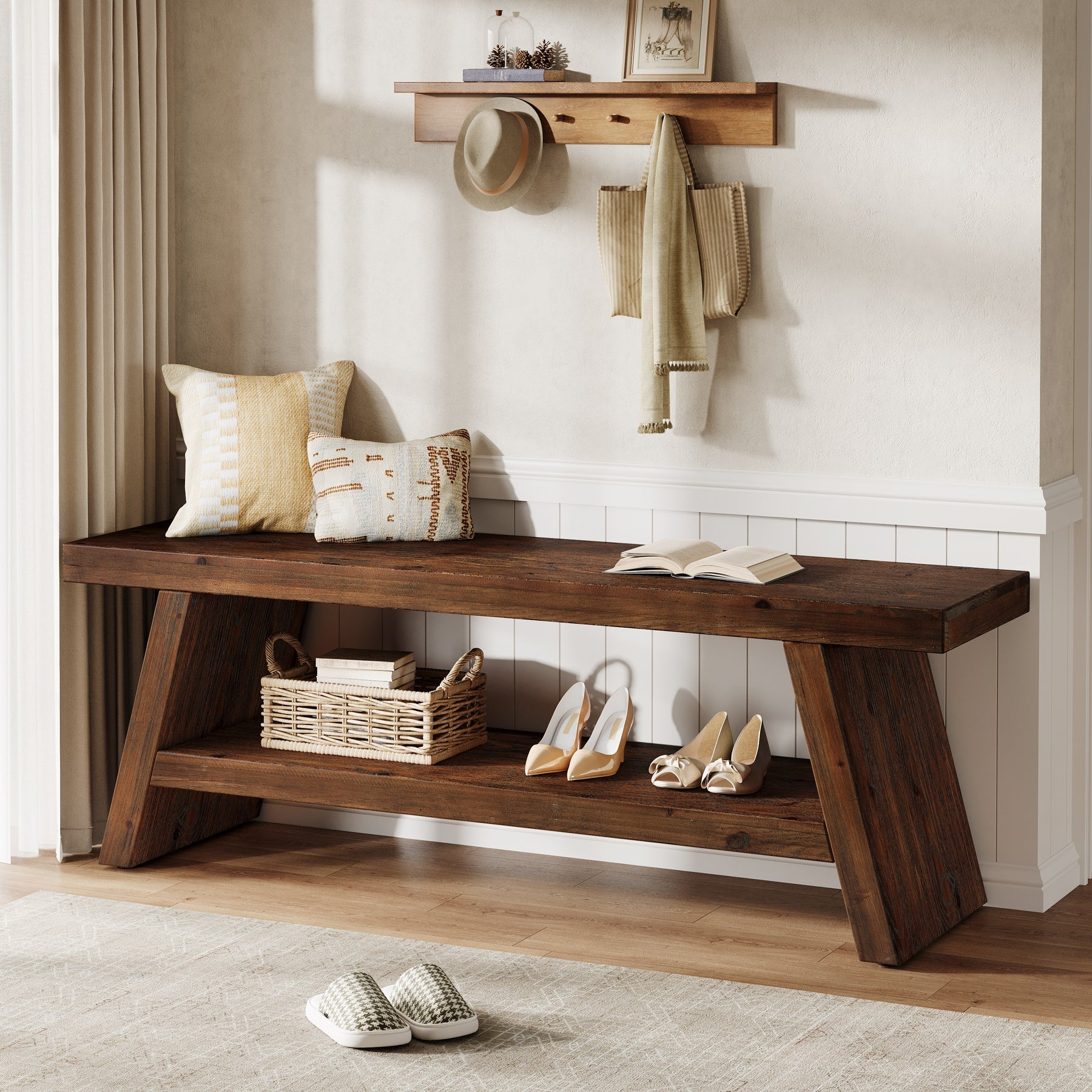 120cm 2-Tier Solid Wood Entryway Bench with Open Storage, Wooden Shoe Bench for Hallway & Foyer