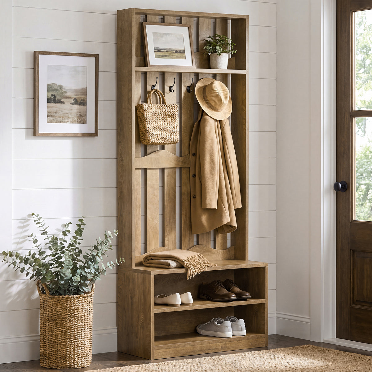 182cm Hall Tree, Farmhouse Entryway Storage with Bench & 4 Coat Hooks