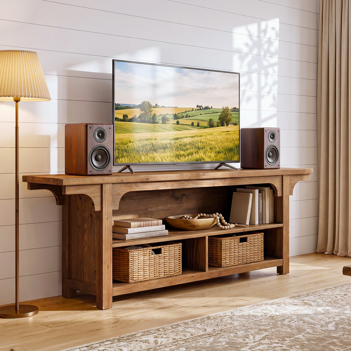 160cm TV Stand, Solid Wood Media Console with 3 Open Shelves for TVs up to 70"