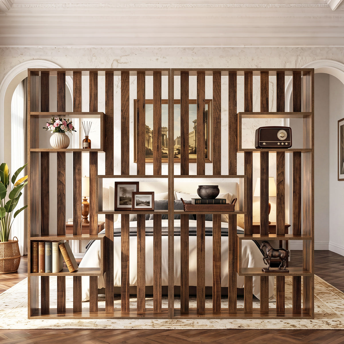 180cm Room Divider, Freestanding Slatted Partition with Built-in Shelves