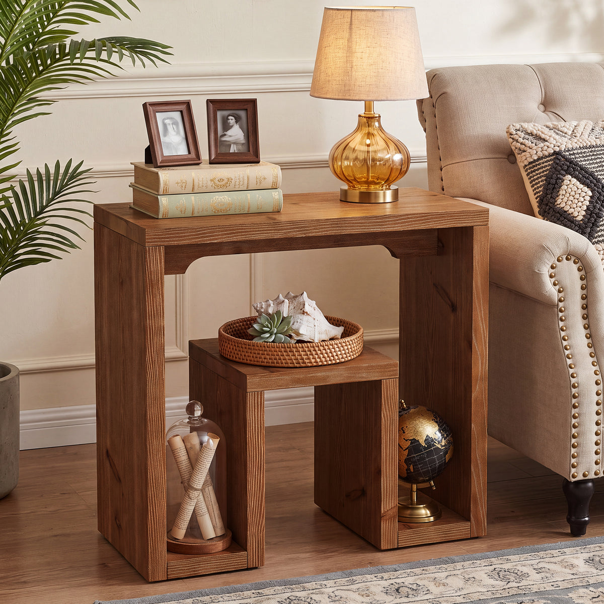 60cm Side Table, U-Shaped Solid Fir Wood Farmhouse Accent Table for Living Room