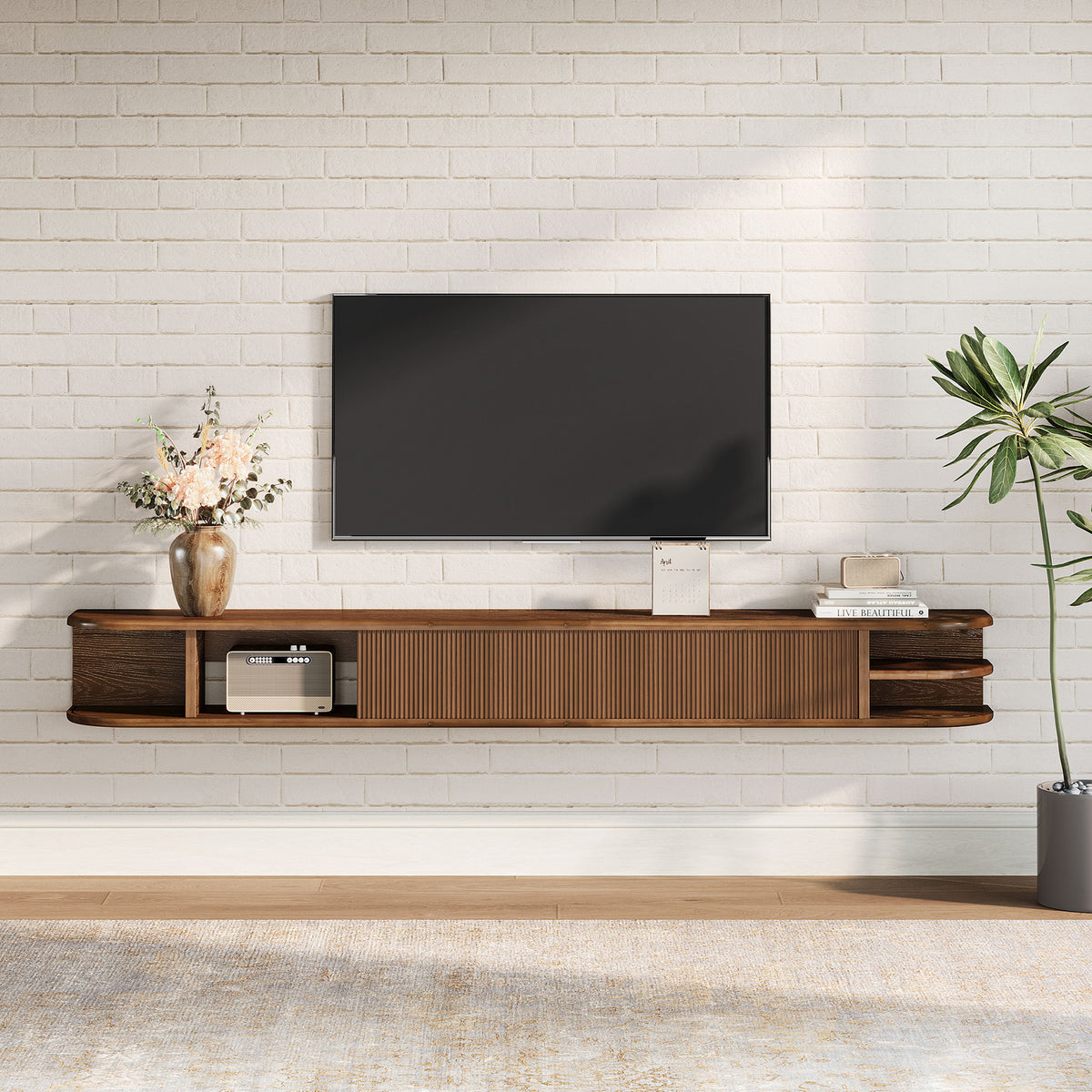 180cm Floating TV Stand, Solid Wood Media Console with Fluted Doors & Cable Management for 50-90" TVs