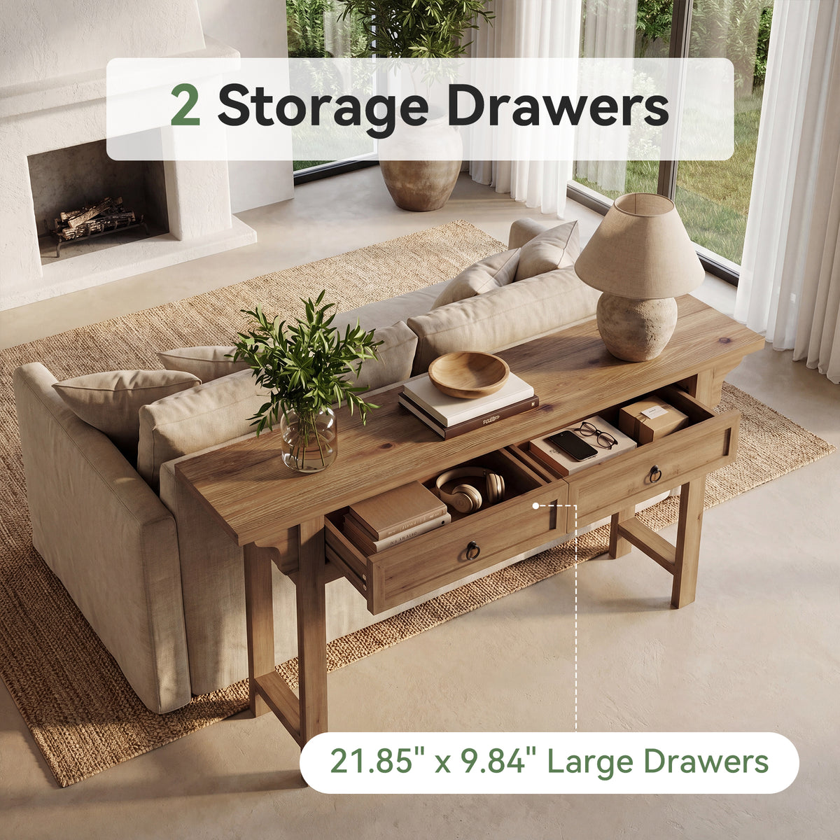 160cm Console Table, Solid Wood Narrow Hallway Table with 2 Drawers & Storage