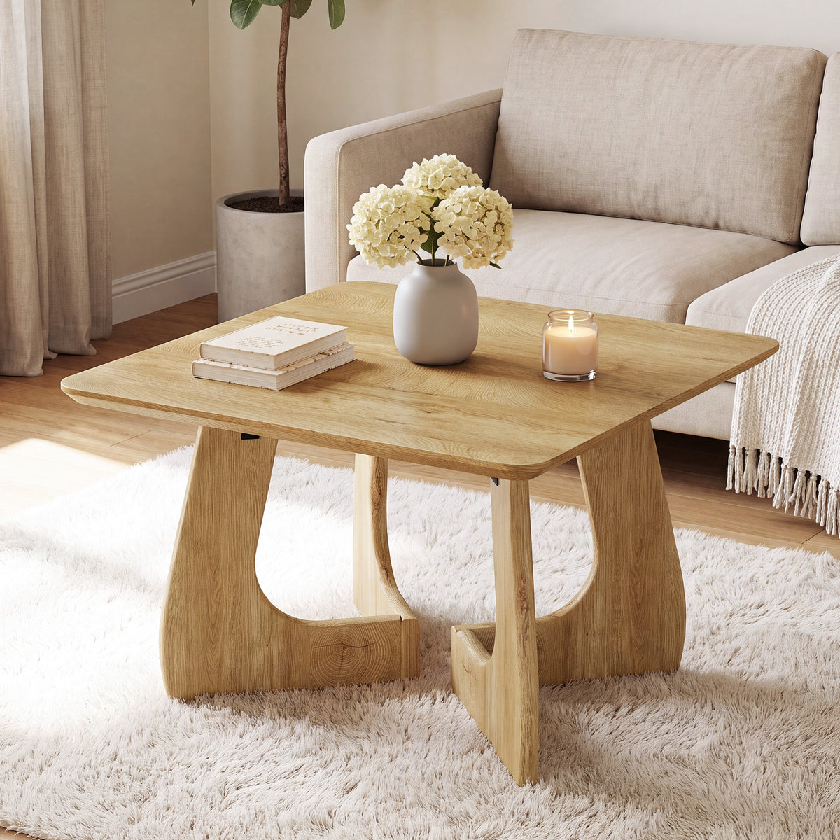 80cm Square Coffee Table, Modern Sculptural Wood Frame for Living Room