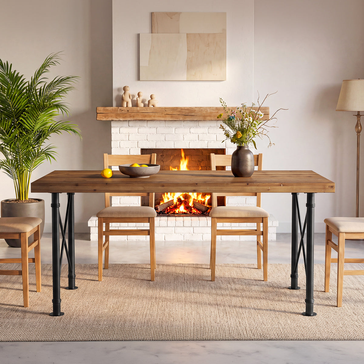 160cm Dining Table, Solid Wood 4-6 Seater with X-Frame Metal Legs