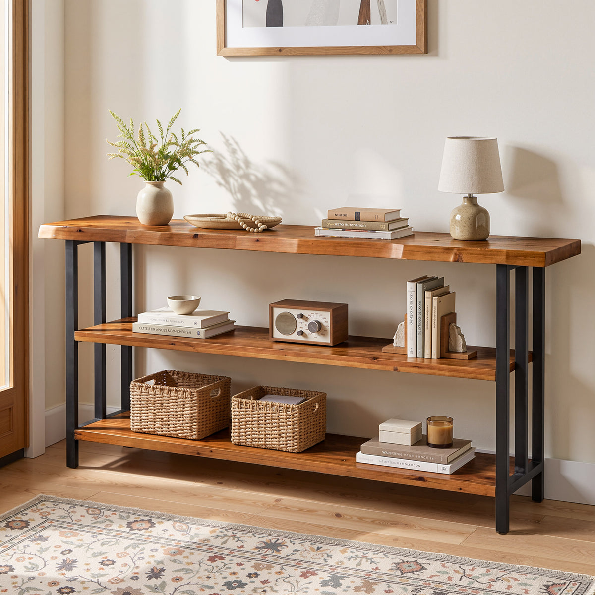 160cm Console Table, Solid Wood Live Edge 3-Tier Rustic Hallway Sofa Table