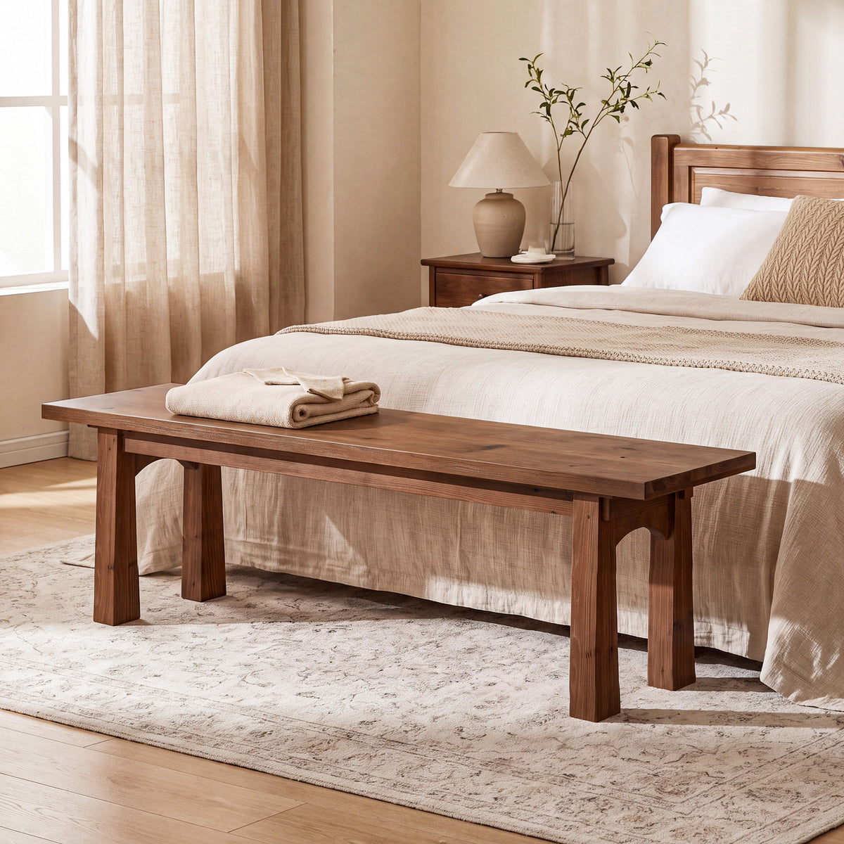 140cm Entryway Bench, Solid Wood Farmhouse Shoe Bench for Hallway & End of Bed