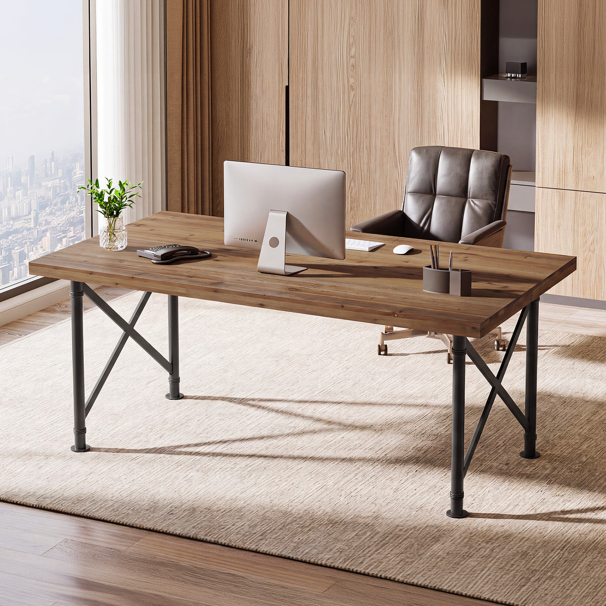 160cm Computer Desk, Solid Wood with X-Frame Metal Base for Home Office